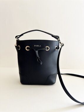 Furla Black Crossgrain Leather Stacy Mini Drawstring Bucket Bag